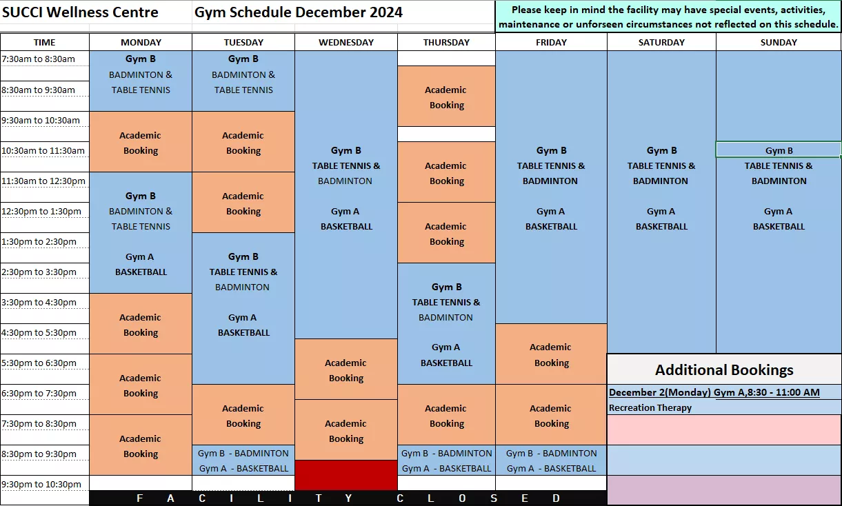 Wellness Center Schedule Dec 2024