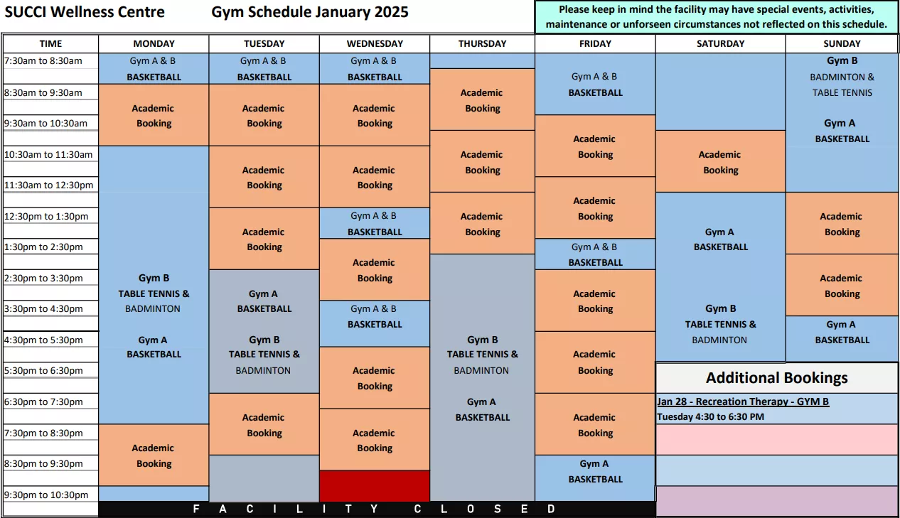 Wellness Center Schedule Jan 25